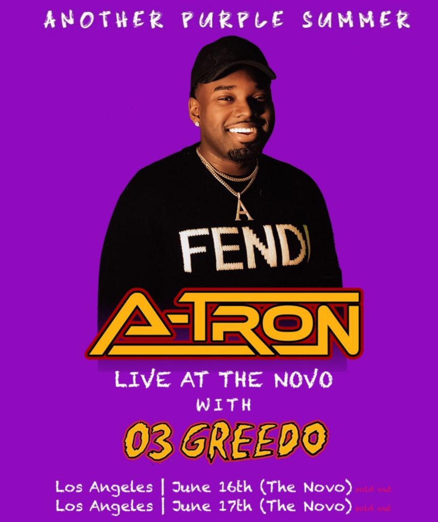 Another Purple Summer flyer for DJ A-Tron live with 03 Greedo at The Novo in Los Angeles on June 16 and 17, 2023.