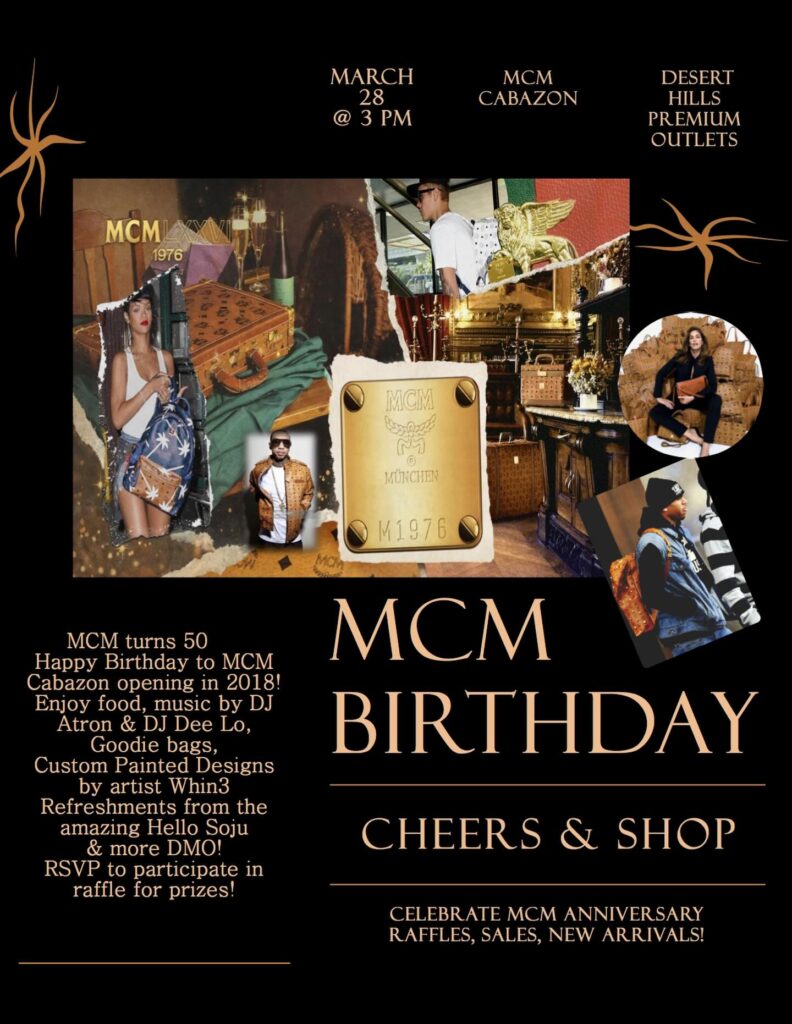 MCM Birthday Cheers and Shop flyer for March 28, 2026 at 3 PM at MCM Cabazon, Desert Hills Premium Outlets, with music by DJ Atron and DJ Dee Lo