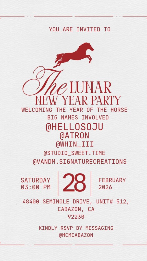 MCM Cabazon Lunar New Year Party invitation for Saturday, February 28, 2026 at 3 PM, naming Hello Soju, A-Tron, Whin III, Studio Sweet Time and V and M Signature Creations